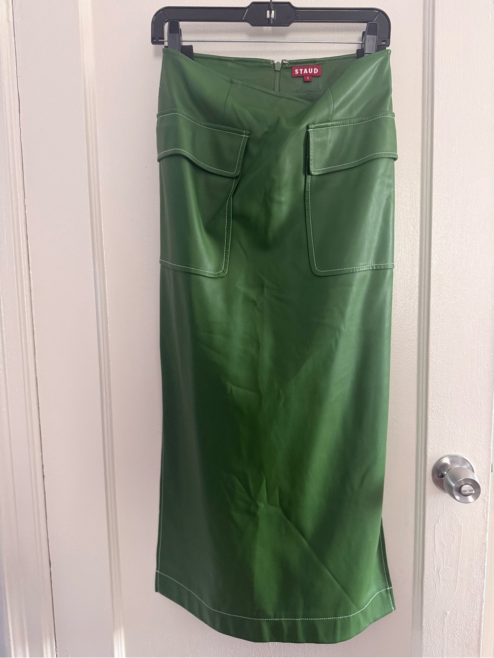 STAUD Bright Green Faux Leather Midi Skirt with Front Flap Pockets - Picture 2 of 11